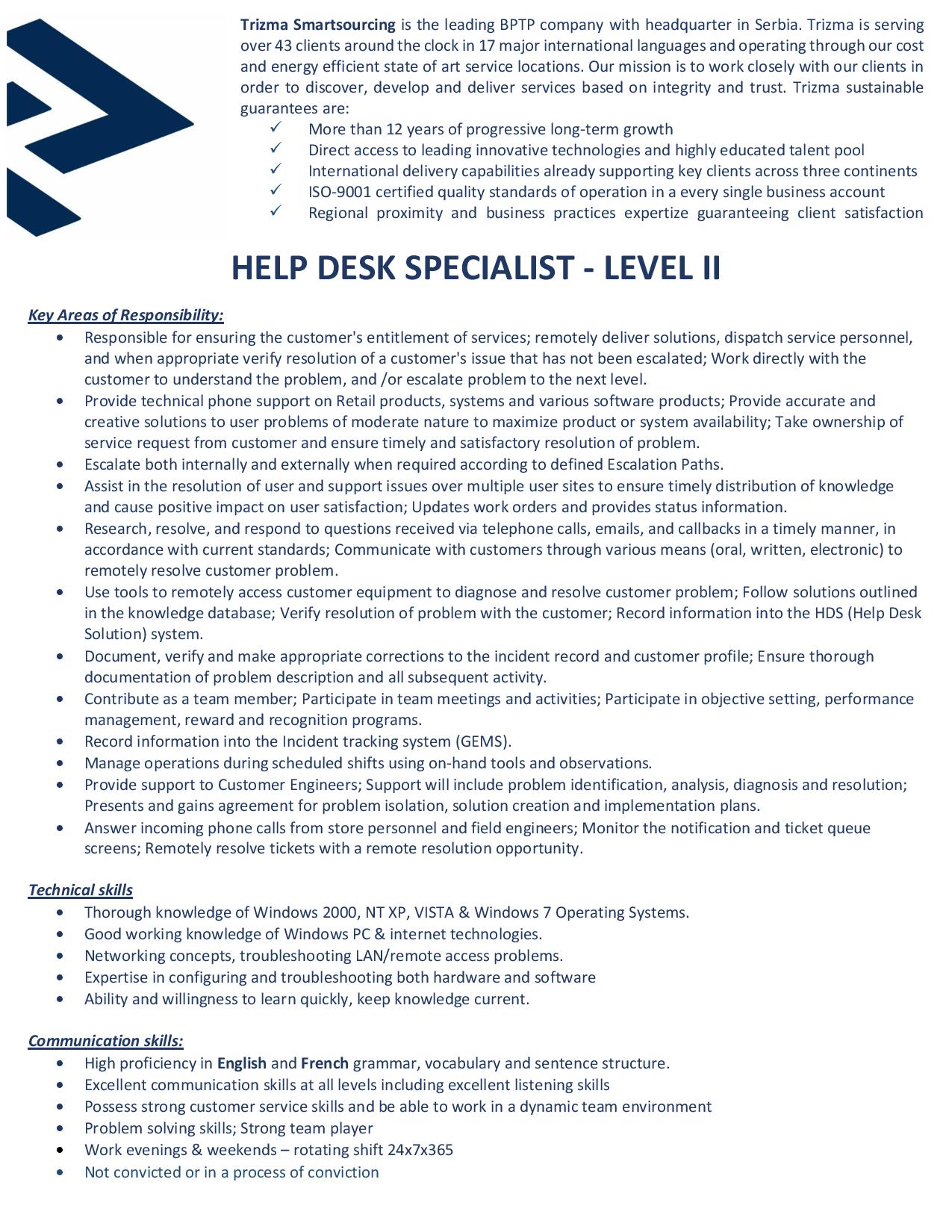 Service Desk Level 2 Job Description