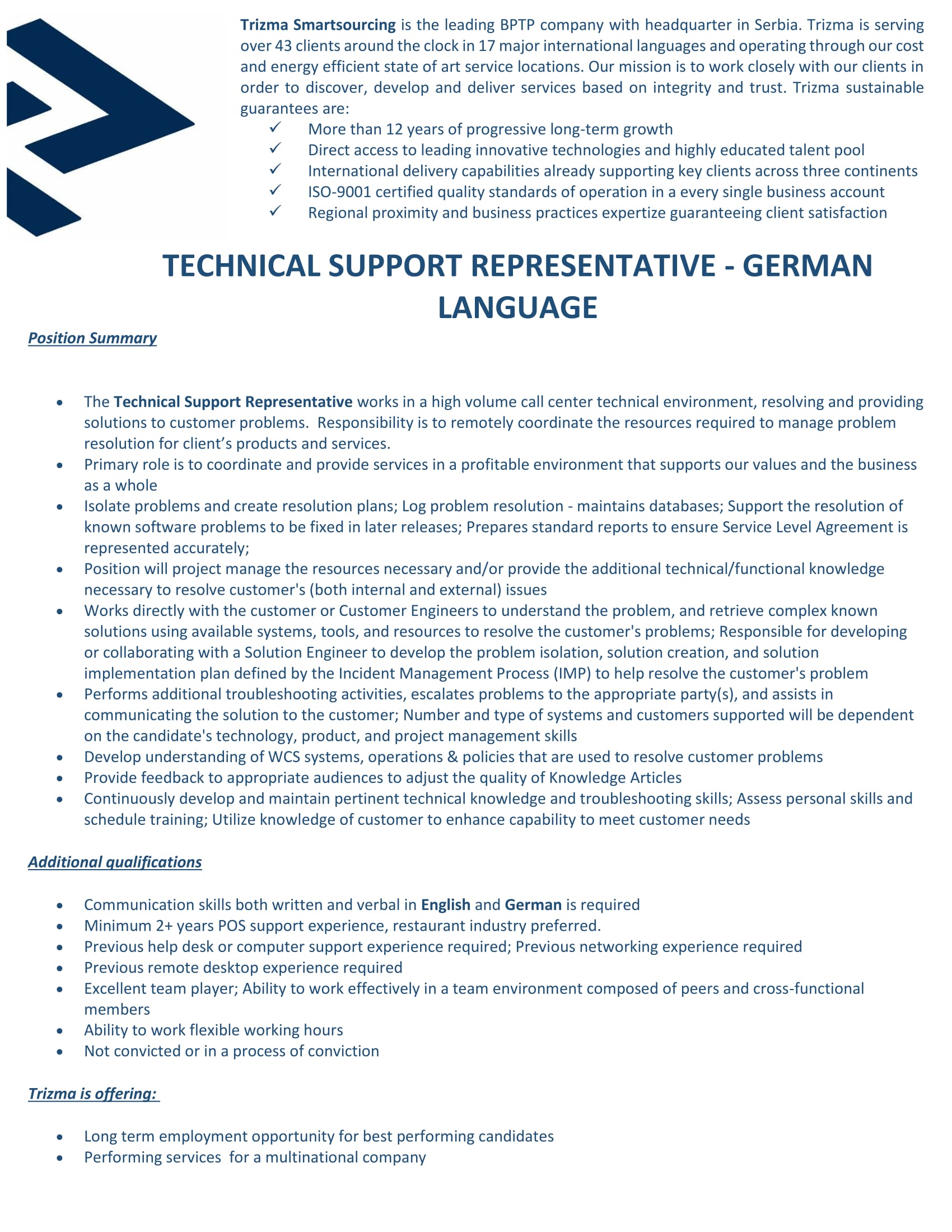 Technical support representative german language 1 sajam link2job eu
